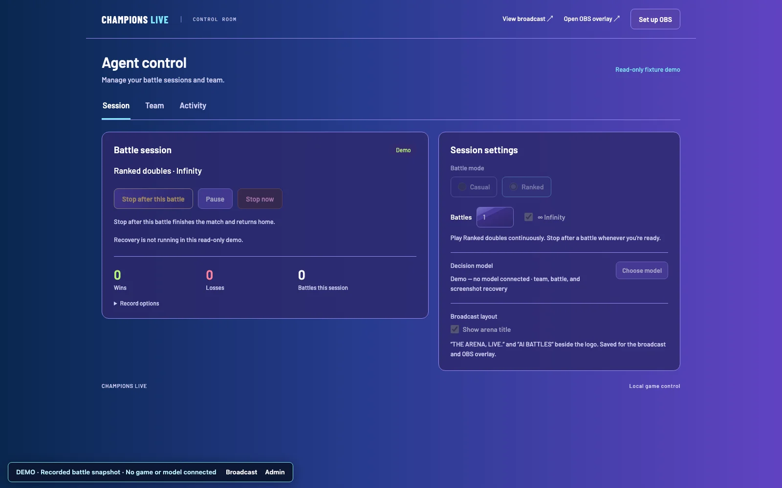 Champions Harness agent control: battle session with stop-after-battle, pause and stop controls, win and loss counters, and session settings for battle mode, battle count and decision model.