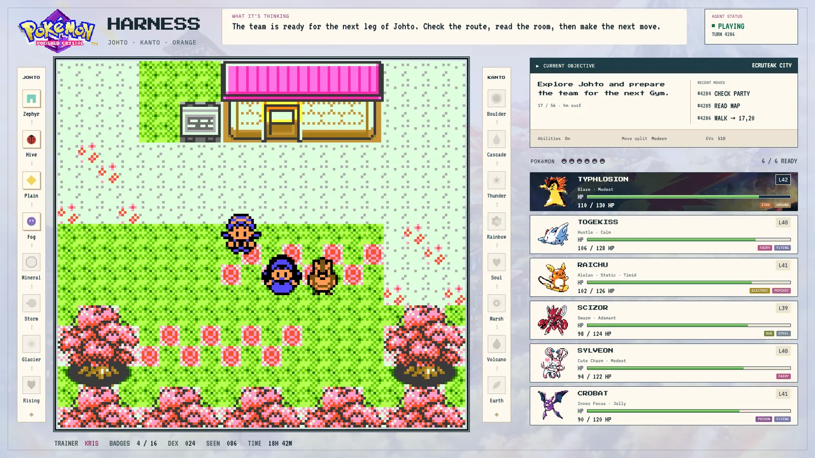 Polished Crystal Harness broadcast: live gameplay, the current objective with its checkpoint count, sixteen badge slots and the six-Pokémon party.